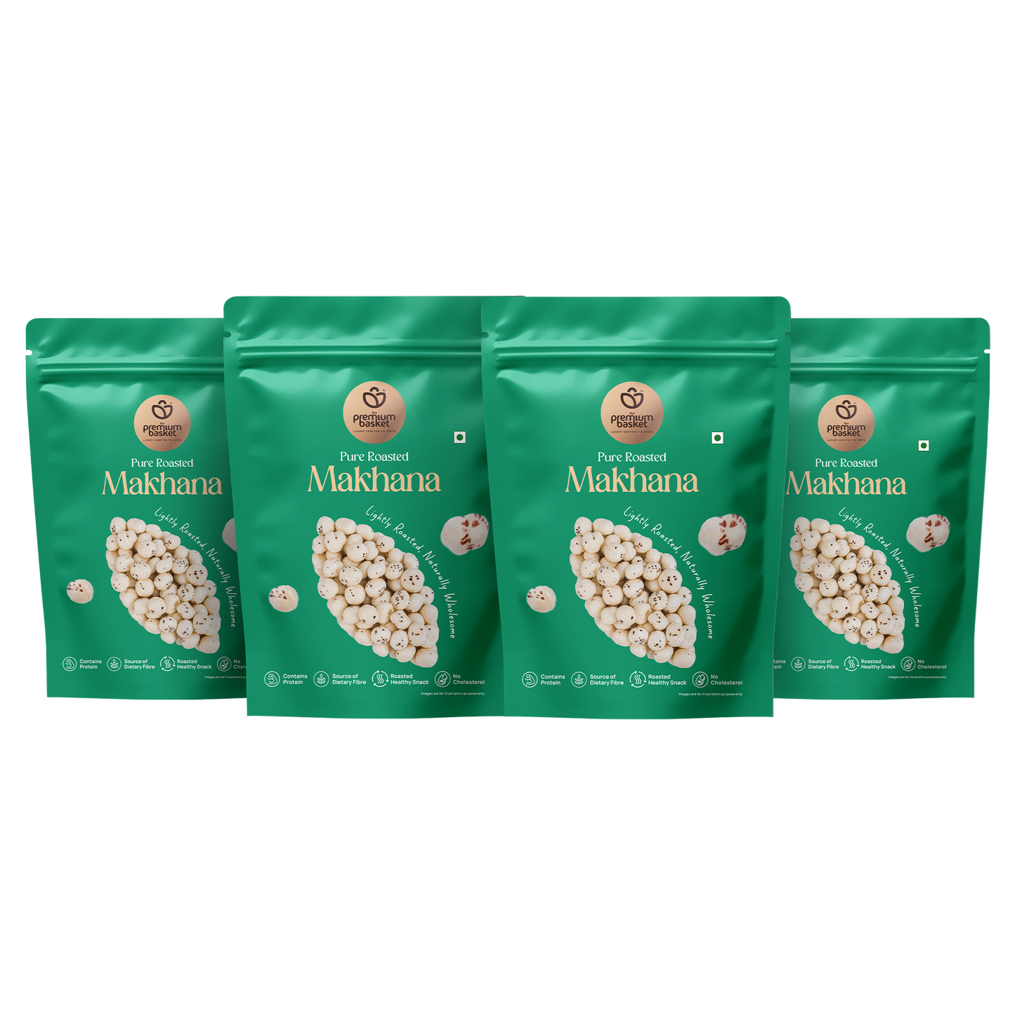 Roasted makhana snack in green stand-up pouches, four-pack assortment