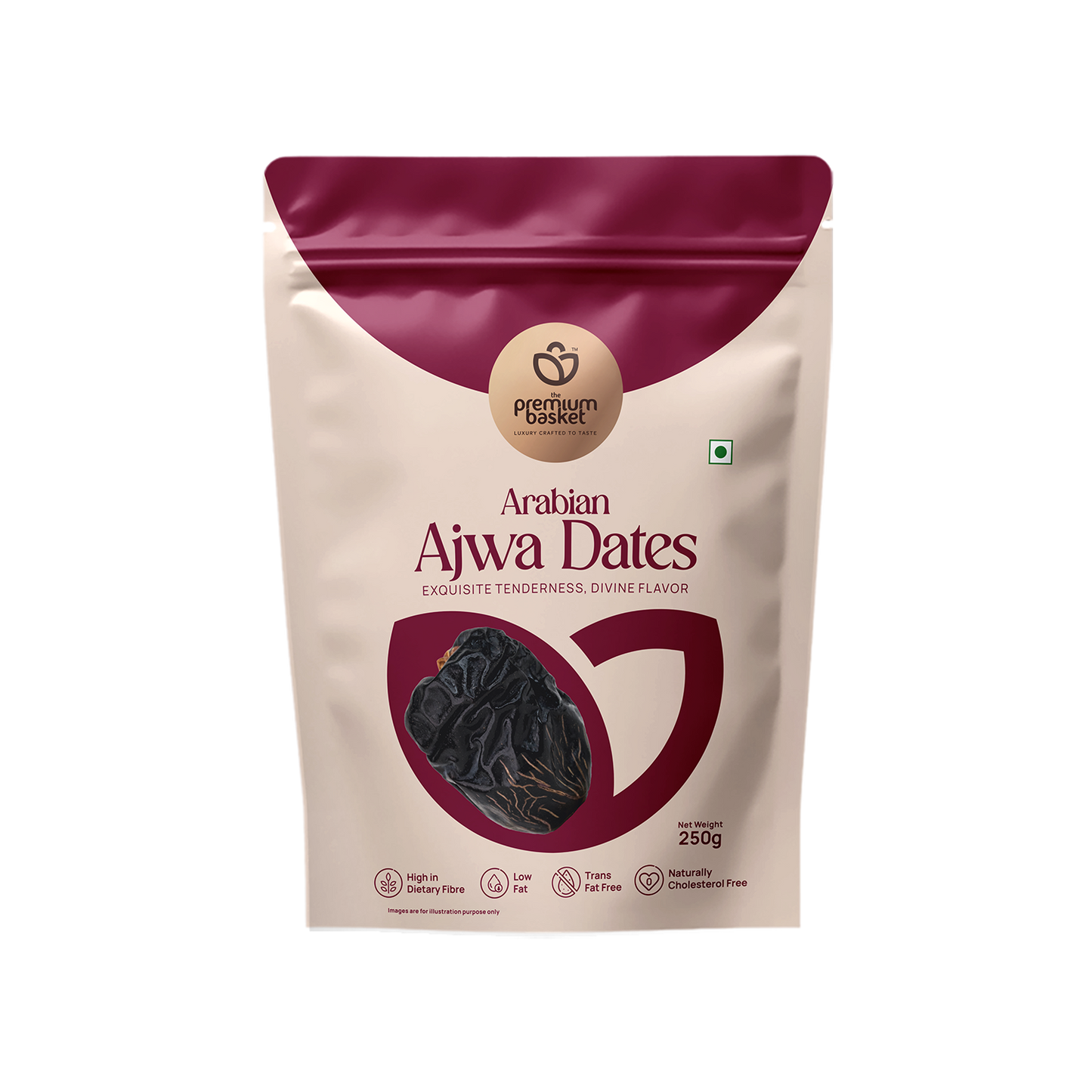 Ajwa dates pouch front view in white and maroon with date logo