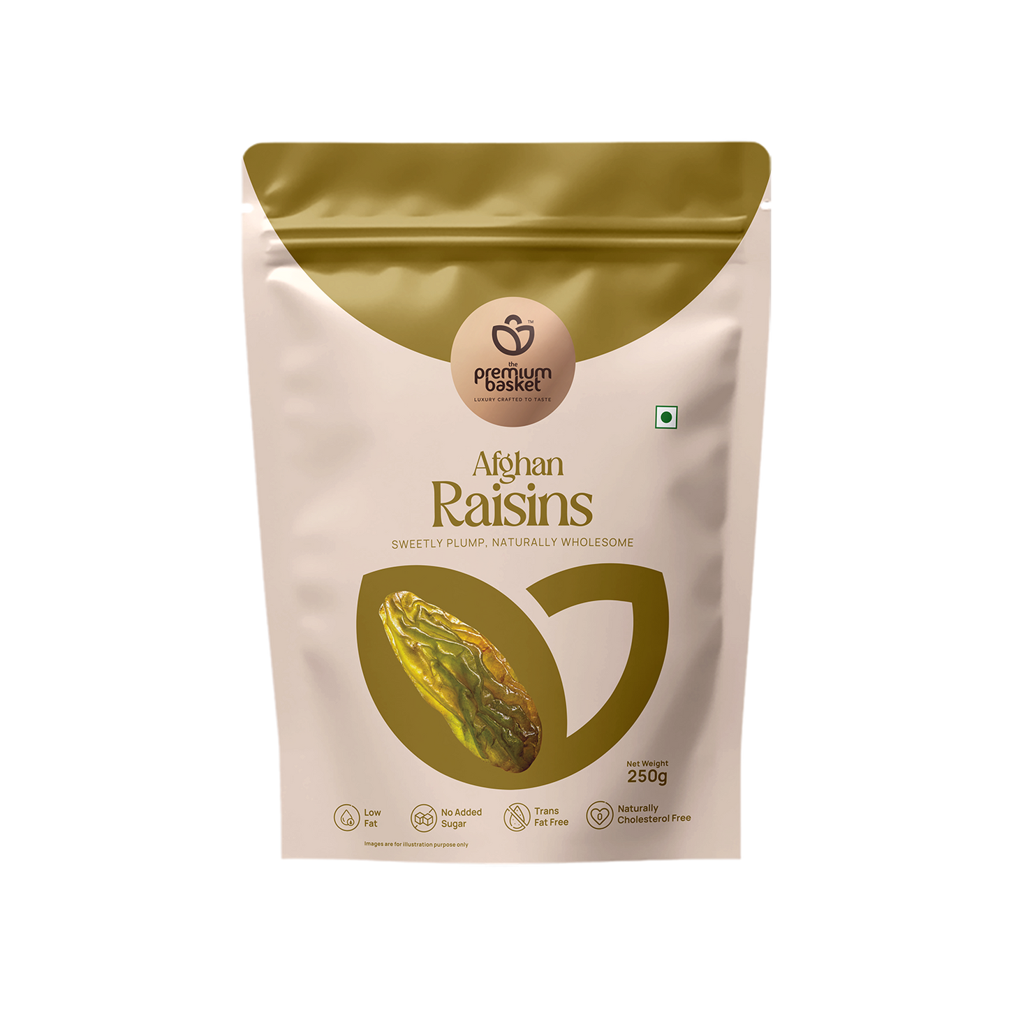 Raisins pouch, front view with gold top and circular logo