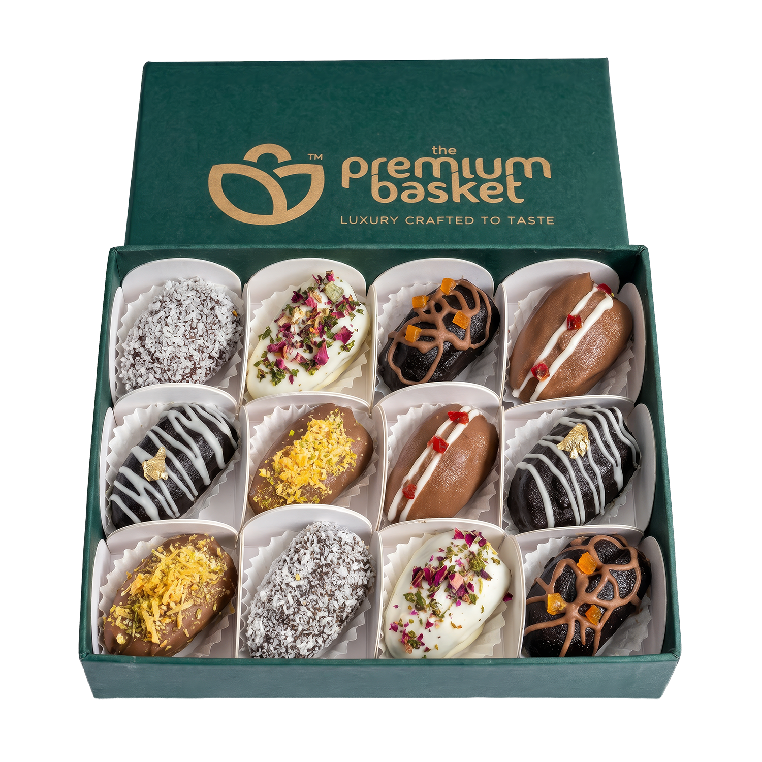 Teal stuffed dates gift box with 12 compartments, assorted dipped dates in white trays