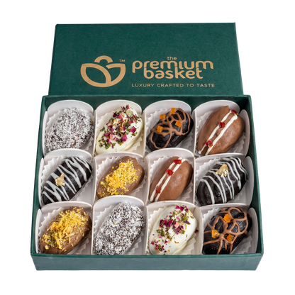 Teal stuffed dates gift box with 12 compartments, assorted dipped dates in white trays