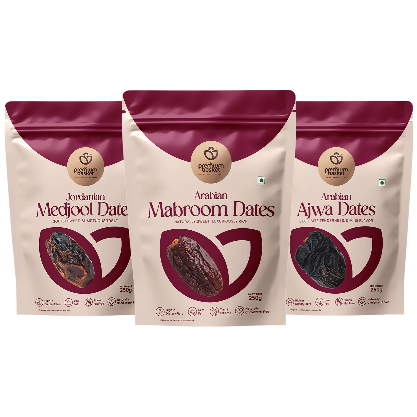 Premium dates trio with three stand-up pouches: Medjool, Mabroom, and Ajwa dates (250g each).