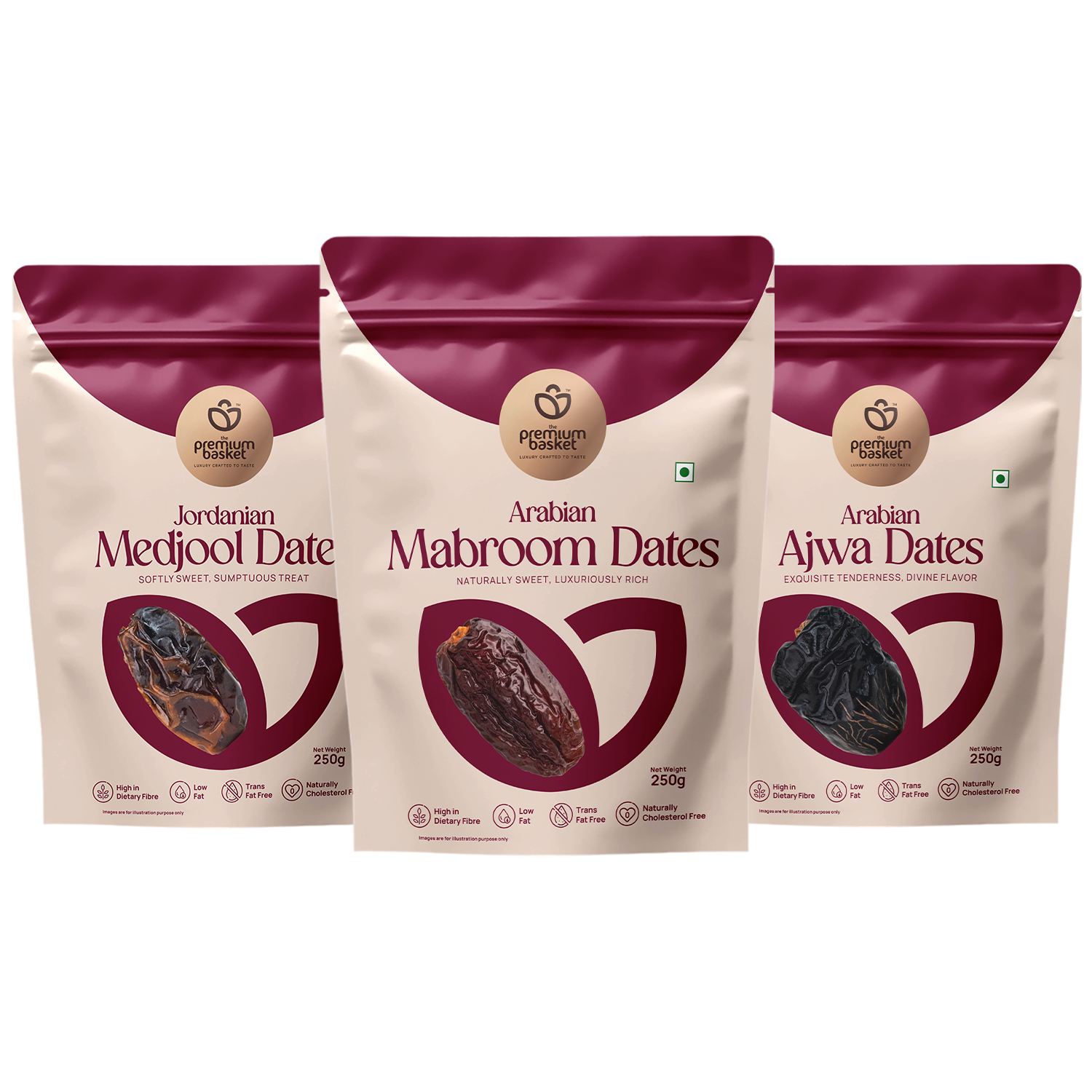 Premium dates trio with three stand-up pouches: Medjool, Mabroom, and Ajwa dates (250g each).