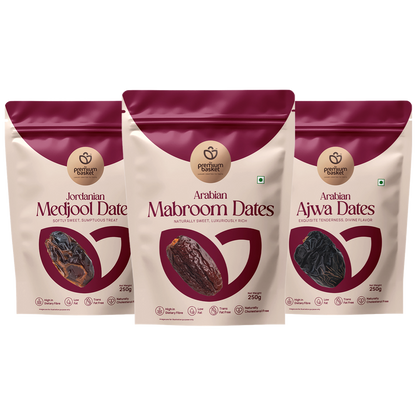 Premium dates trio with three stand-up pouches: Medjool, Mabroom, and Ajwa dates (250g each).