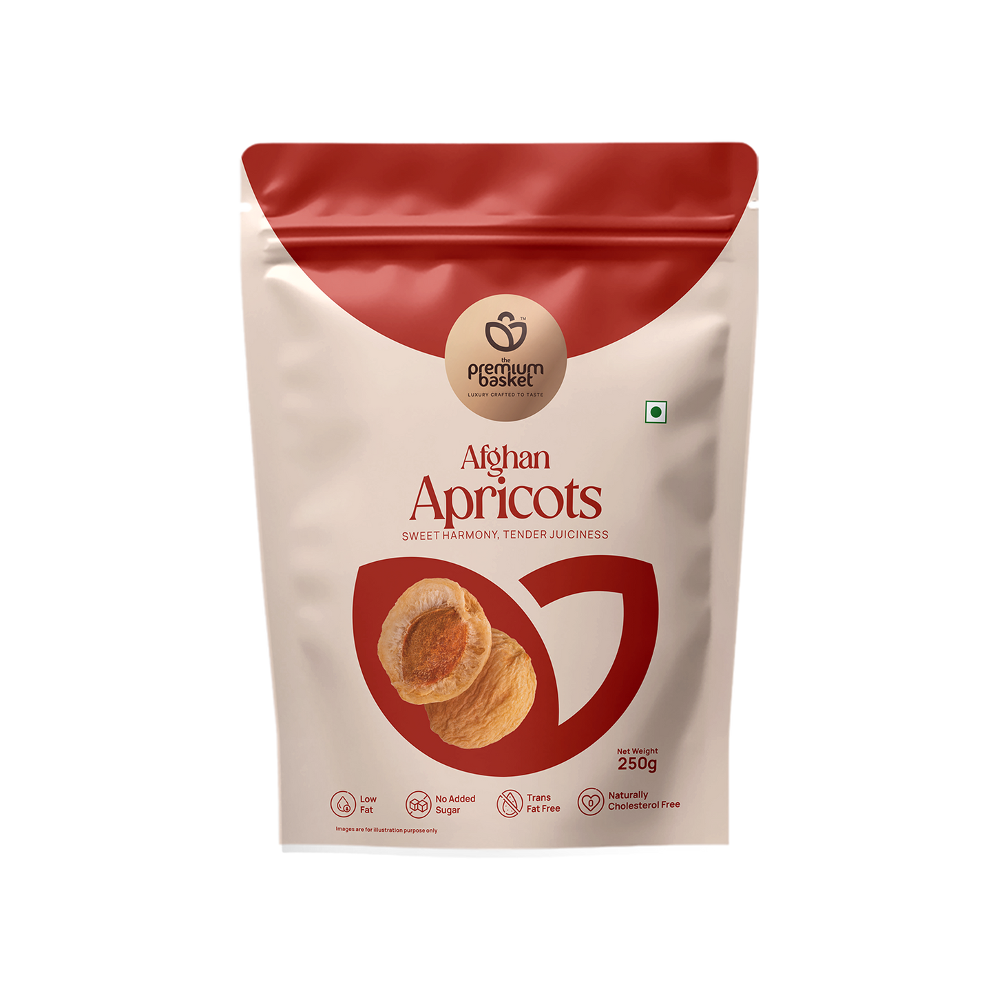Afghan apricots pouch, white bag with red top and circular logo