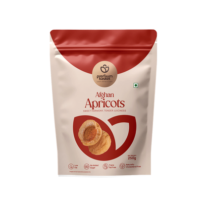 Afghan apricots pouch, white bag with red top and circular logo