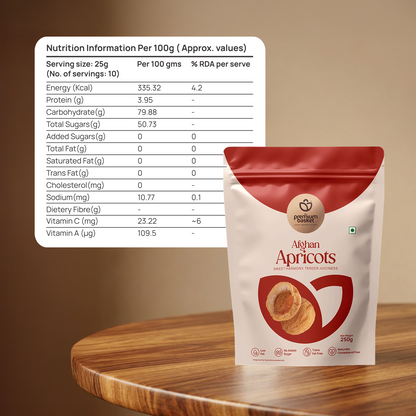 Afghan apricots pouch next to a nutrition information card on a wooden surface