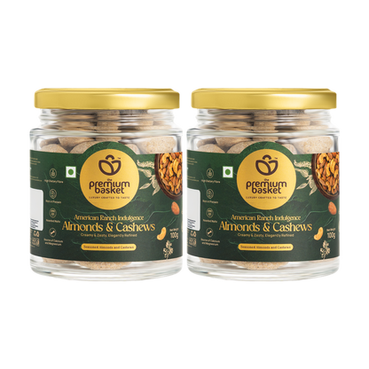 Almonds and cashews snack jar with gold lid, green label