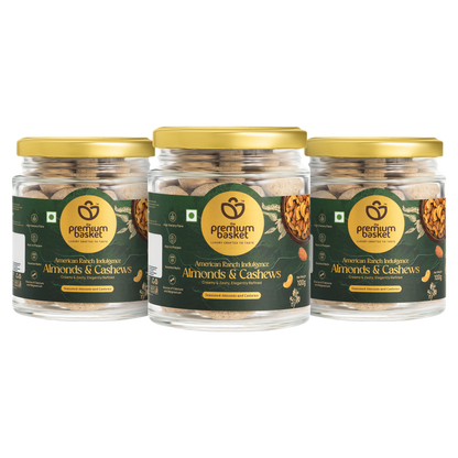 Set of three almonds and cashews snack jars with gold lids and green labels