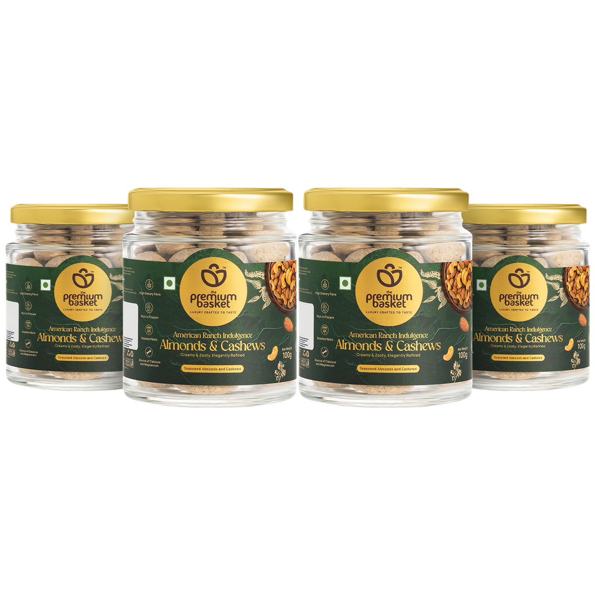 Set of four almonds and cashews snack jars with gold lids and green labels
