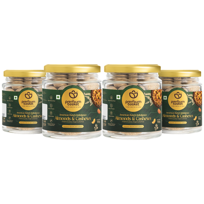 Set of four almonds and cashews snack jars with gold lids and green labels