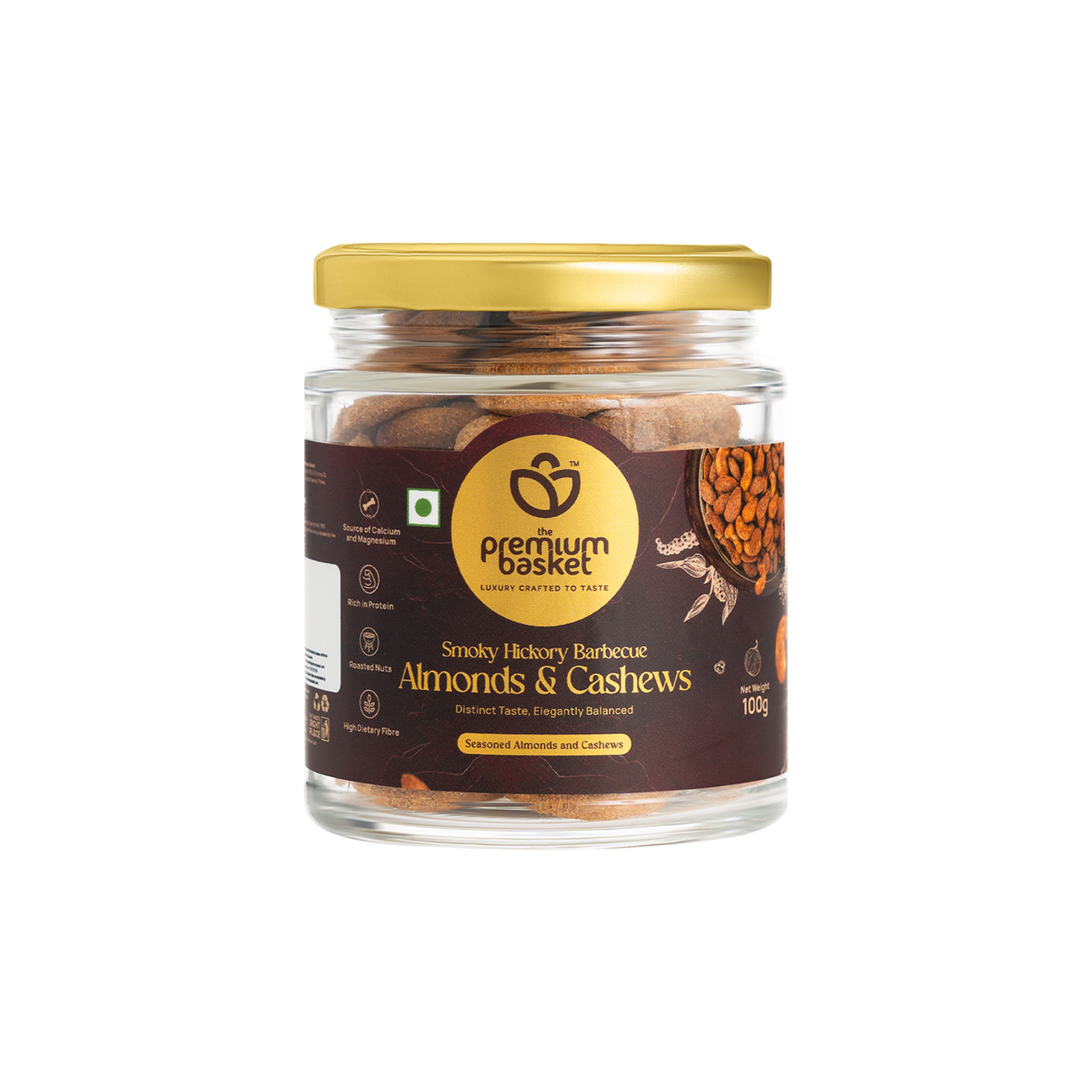 Smoky hickory barbecue almonds and cashews jar with gold lid