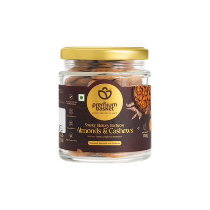Smoky hickory barbecue almonds and cashews jar with gold lid