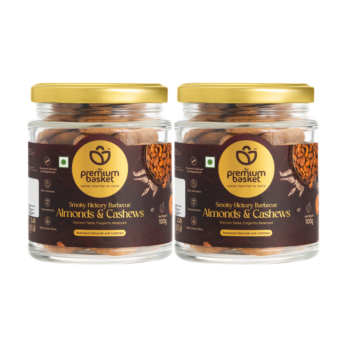 Smoky hickory barbecue almonds & cashews in glass jars, two-pack