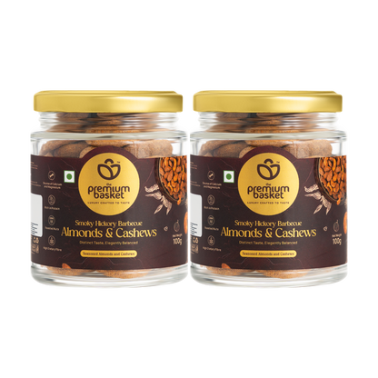 Smoky hickory barbecue almonds & cashews in glass jars, two-pack