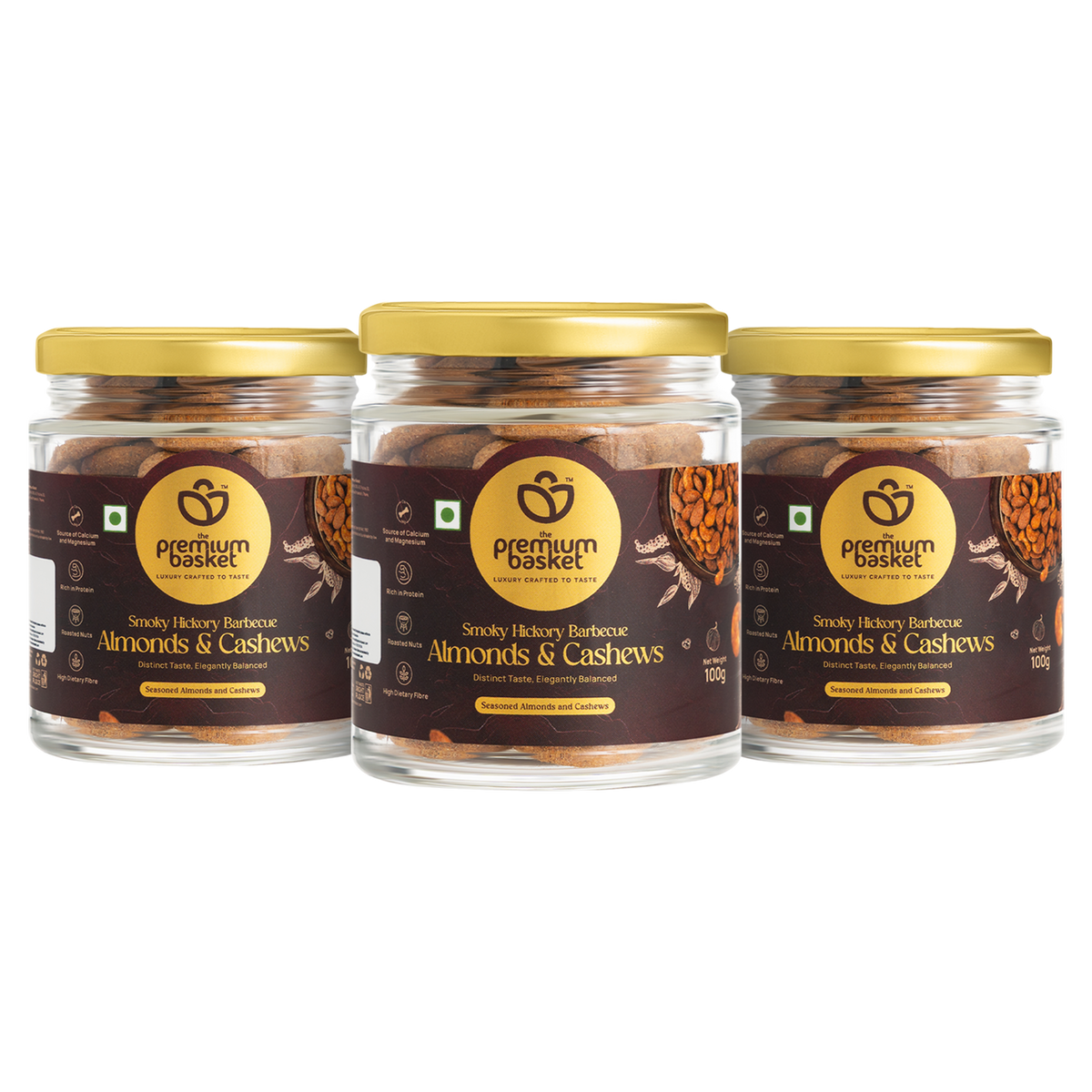 Smoky hickory barbecue almonds & cashews in glass jars, three-pack