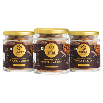 Smoky hickory barbecue almonds & cashews in glass jars, three-pack