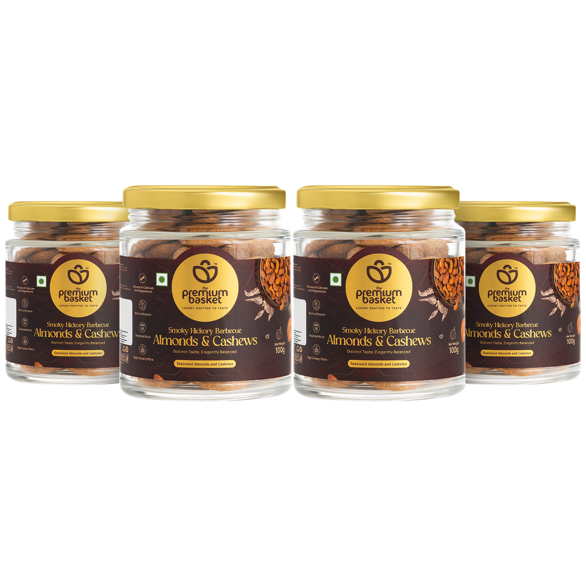 Smoky hickory barbecue almonds & cashews in glass jars, four-pack
