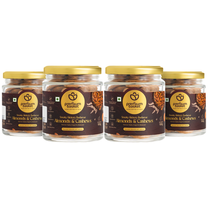 Smoky hickory barbecue almonds & cashews in glass jars, four-pack