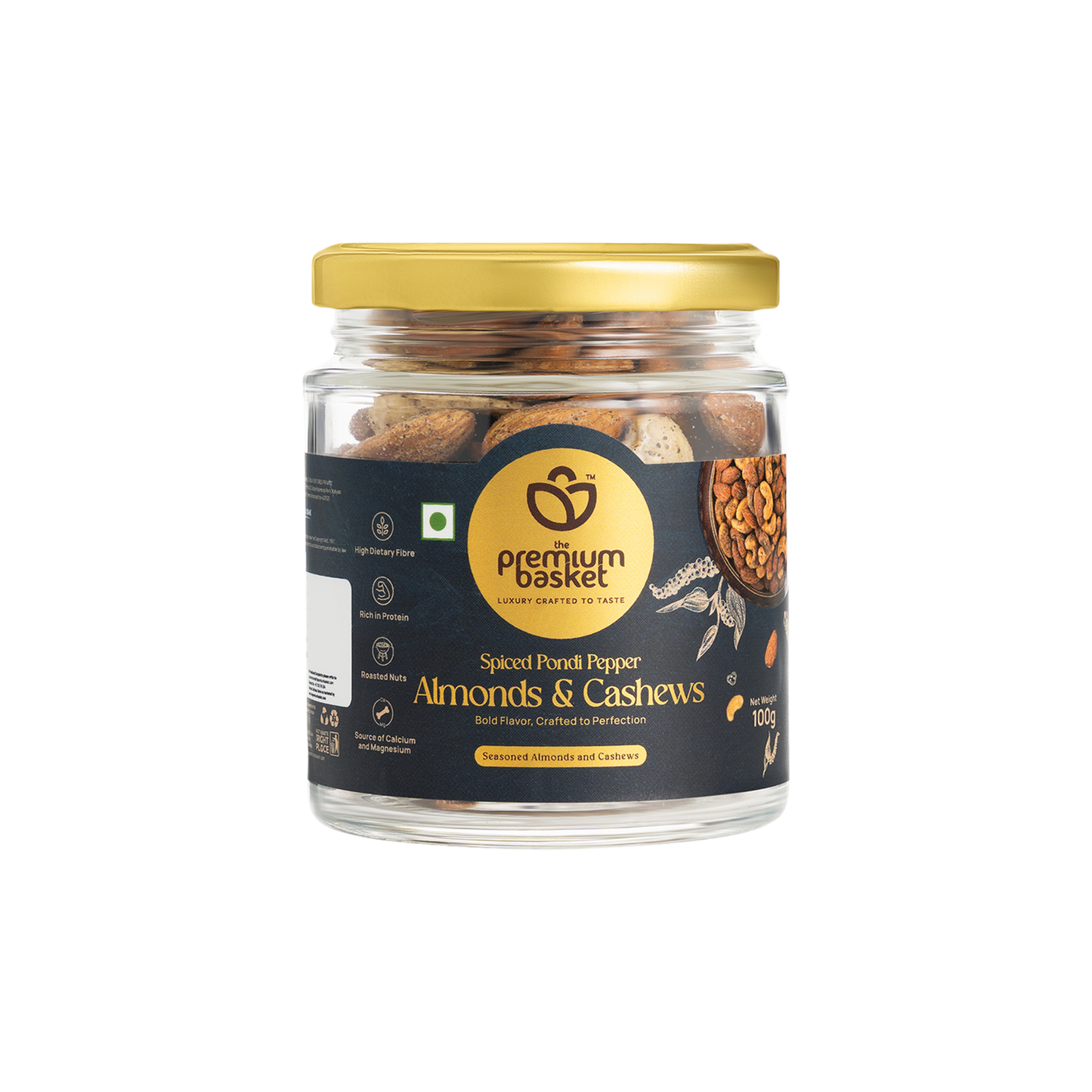 Spiced pondi pepper almonds & cashews in glass jar with gold lid, 100g