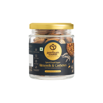 Spiced pondi pepper almonds & cashews in glass jar with gold lid, 100g