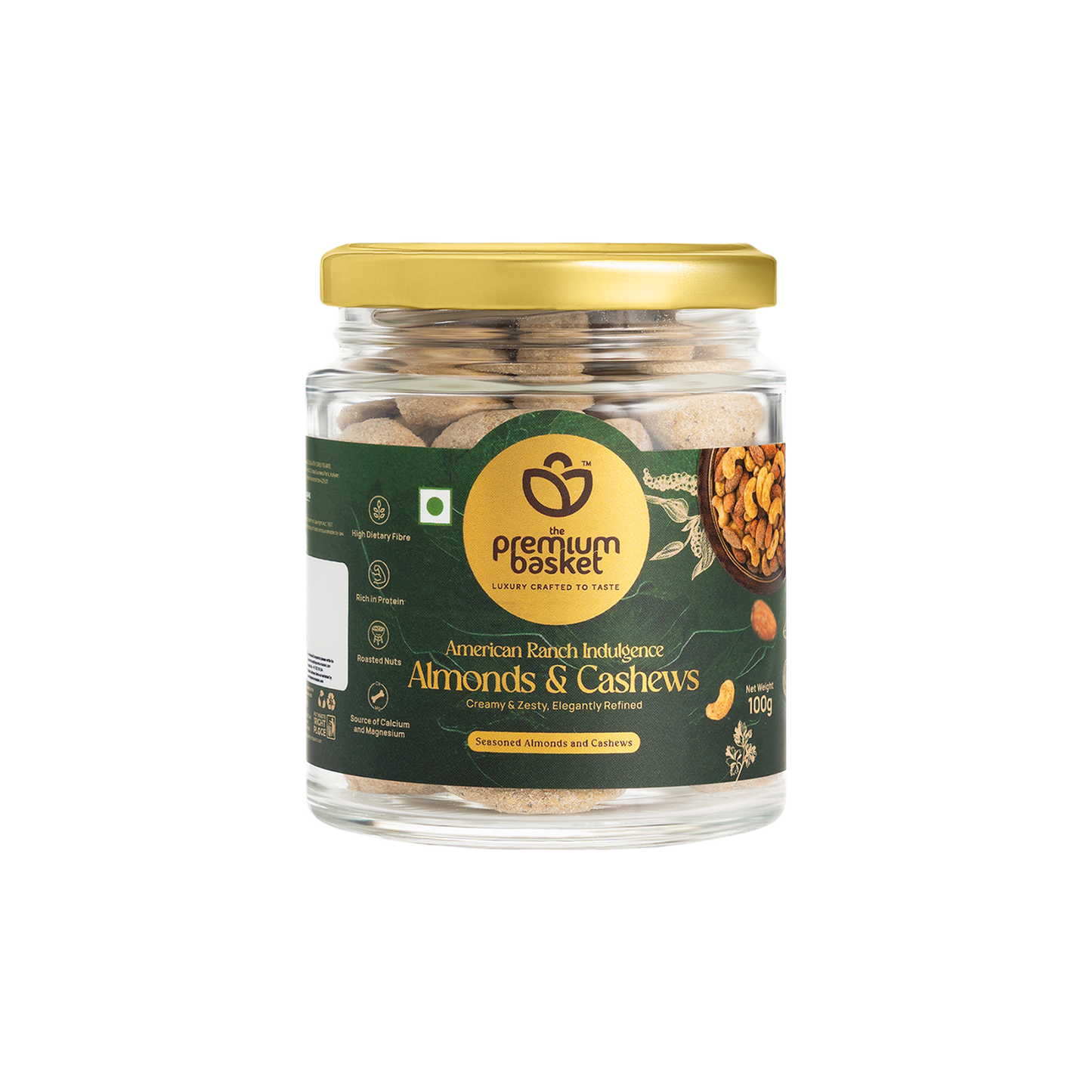 Open Basket almonds & cashews snack jar with gold sealed lid