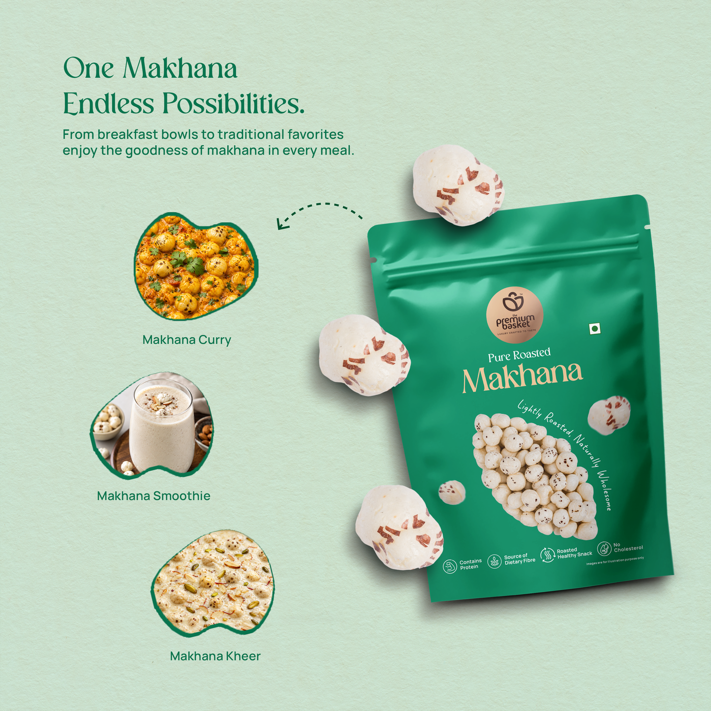 Green pouch of pure roasted makhana with whole white roasted kernels visible