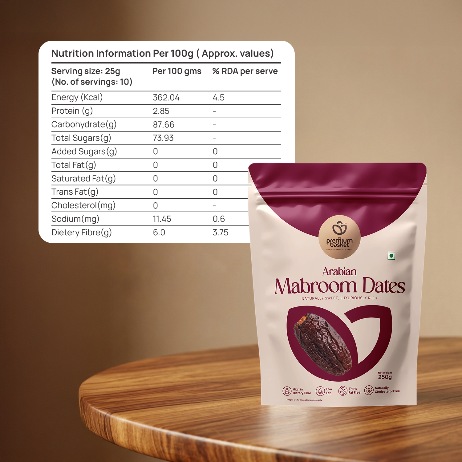 Arabian Mabroom Dates pouch with maroon top seal and date fruit logo