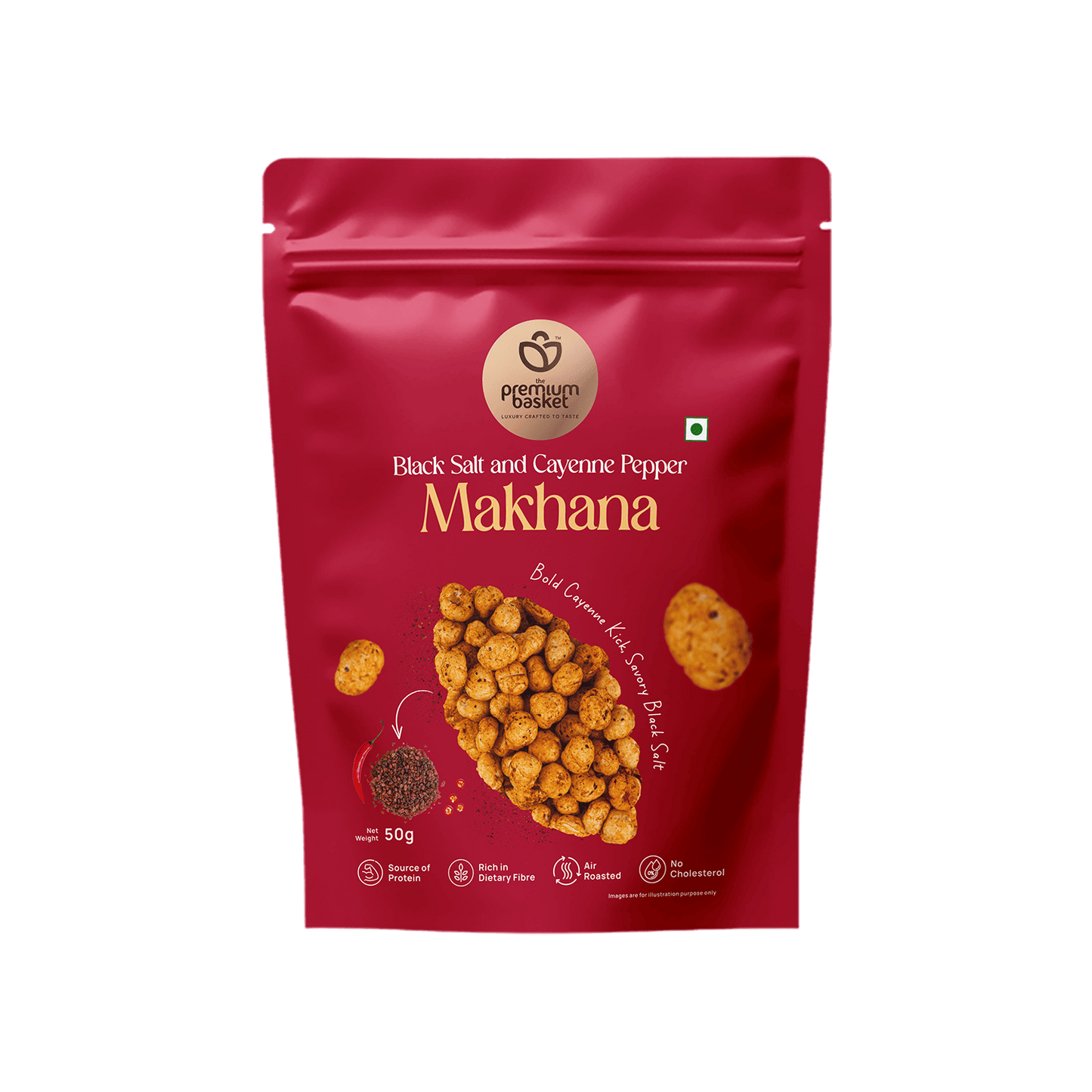 Red Makhanana front pouch with roasted makhana graphic and flavor name