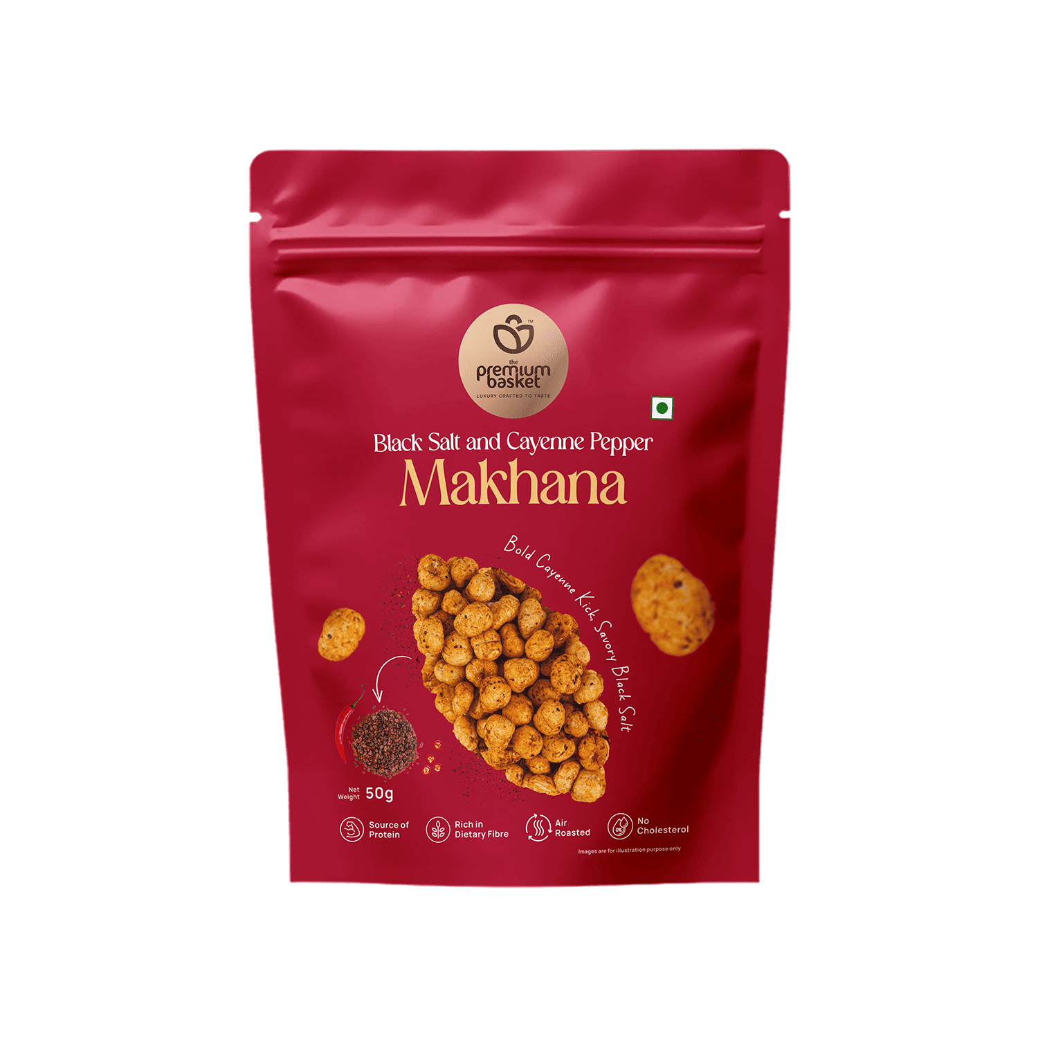 Red Makhanana front pouch with roasted makhana graphic and flavor name