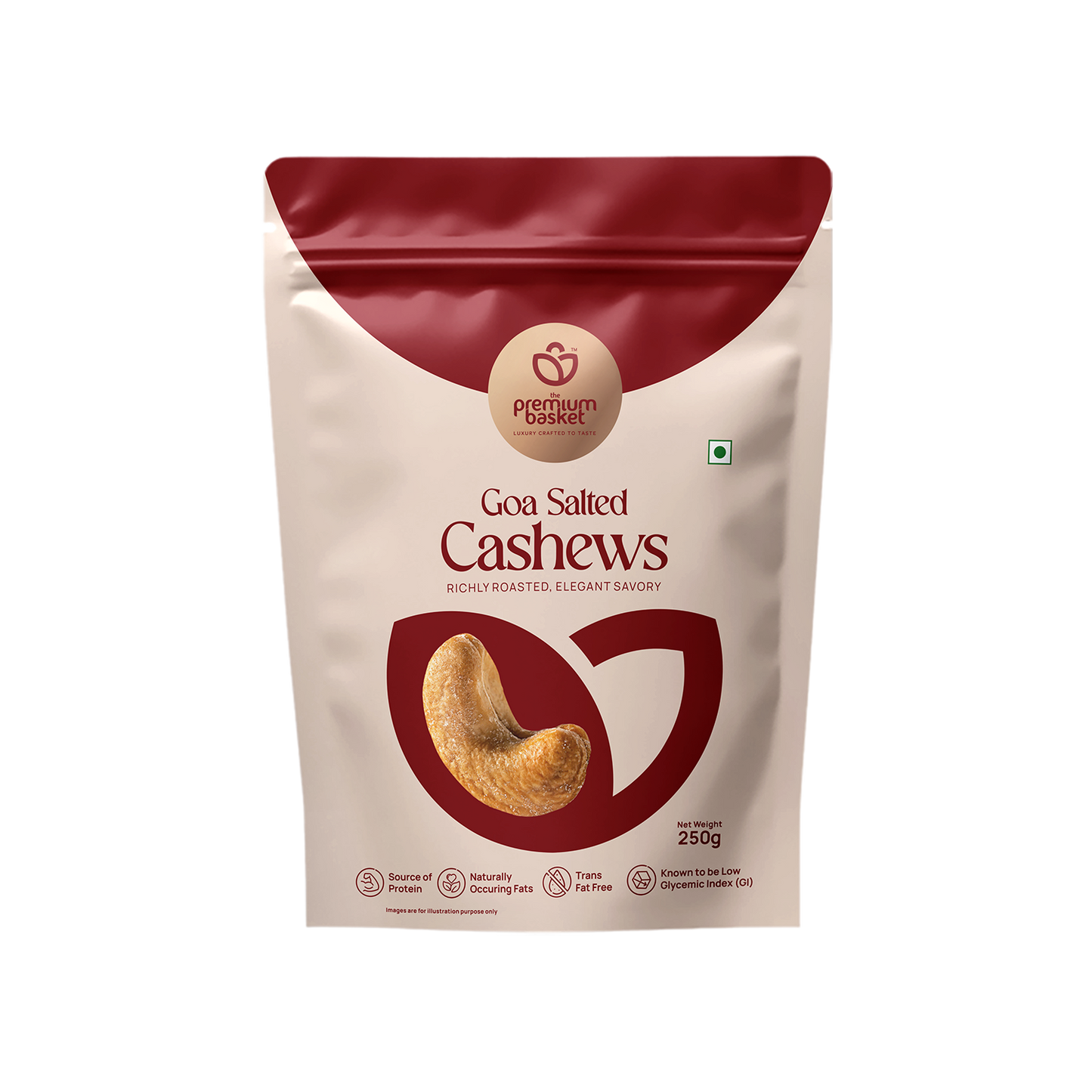 Goan salted cashews pouch standing upright, burgundy top and cream front