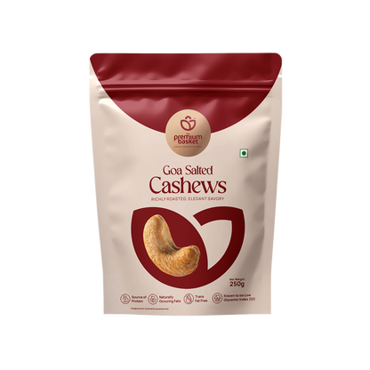 Goan salted cashews pouch standing upright, burgundy top and cream front