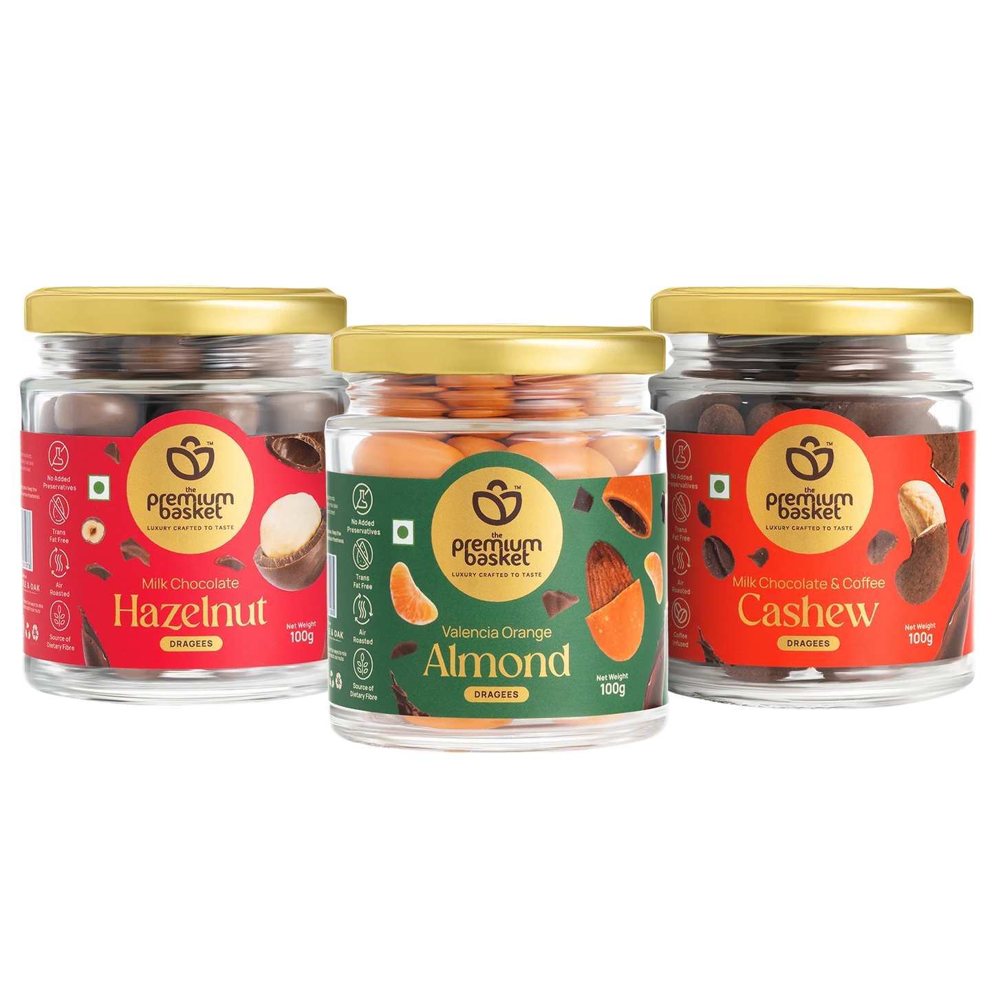 Chocolate dragee trio in glass jars: Hazelnut, Almond & Cashew (100 g each)