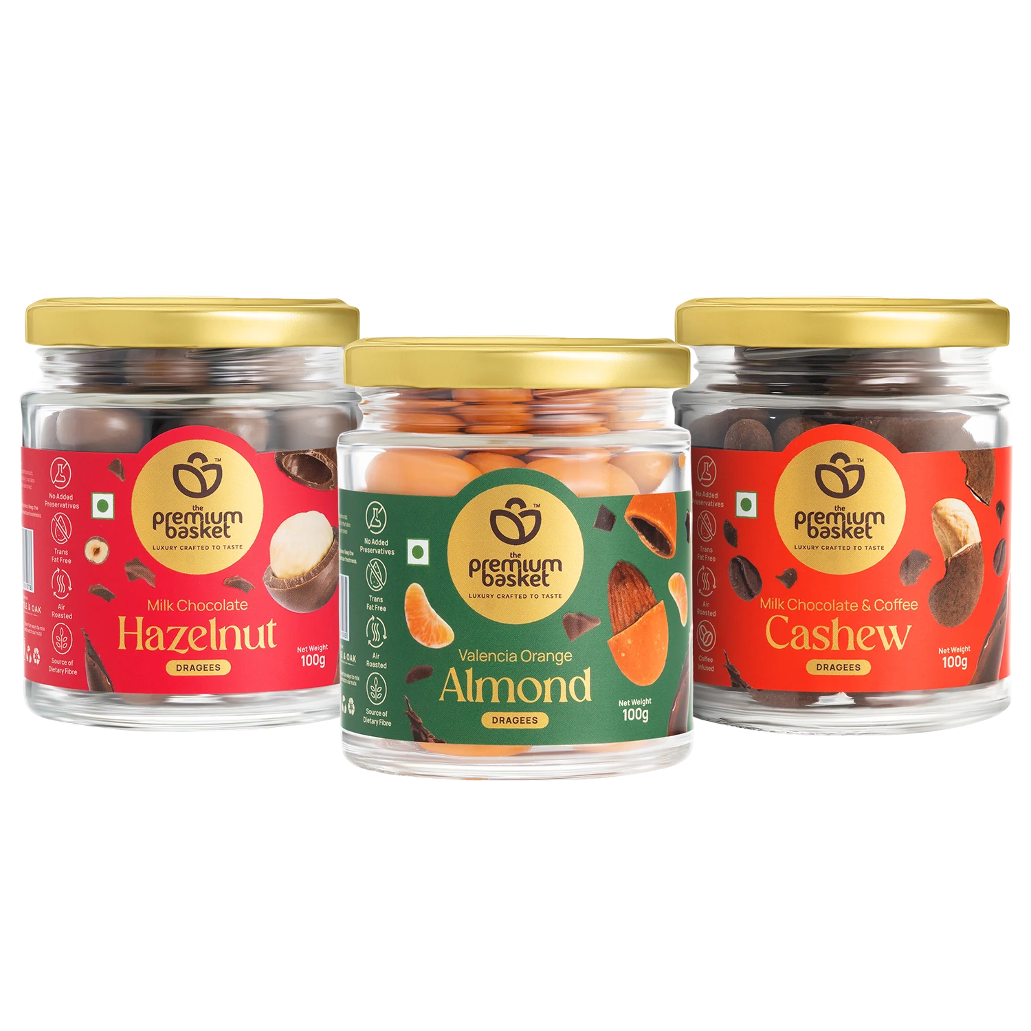 Chocolate dragee trio in glass jars: Hazelnut, Almond & Cashew (100 g each)