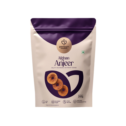 Afghan Anjeer pouch, purple top and beige front with dried fig graphic, 250g