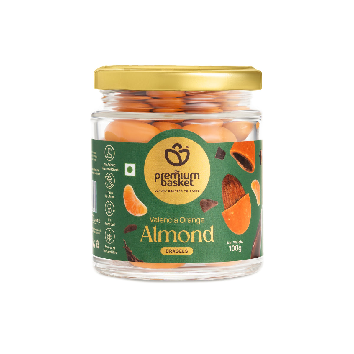 Glass jar of Valencia Orange Almonds with gold lid and green label