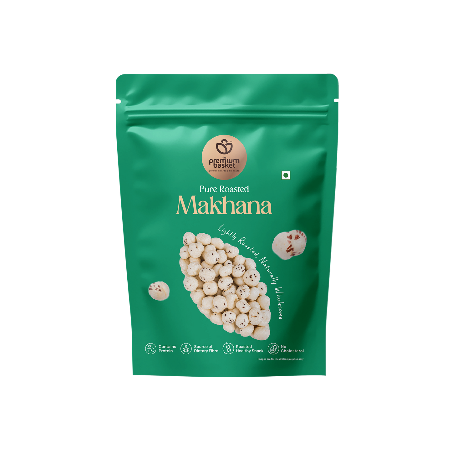 Front view of green pouch labeled pure roasted makhana with white kernels