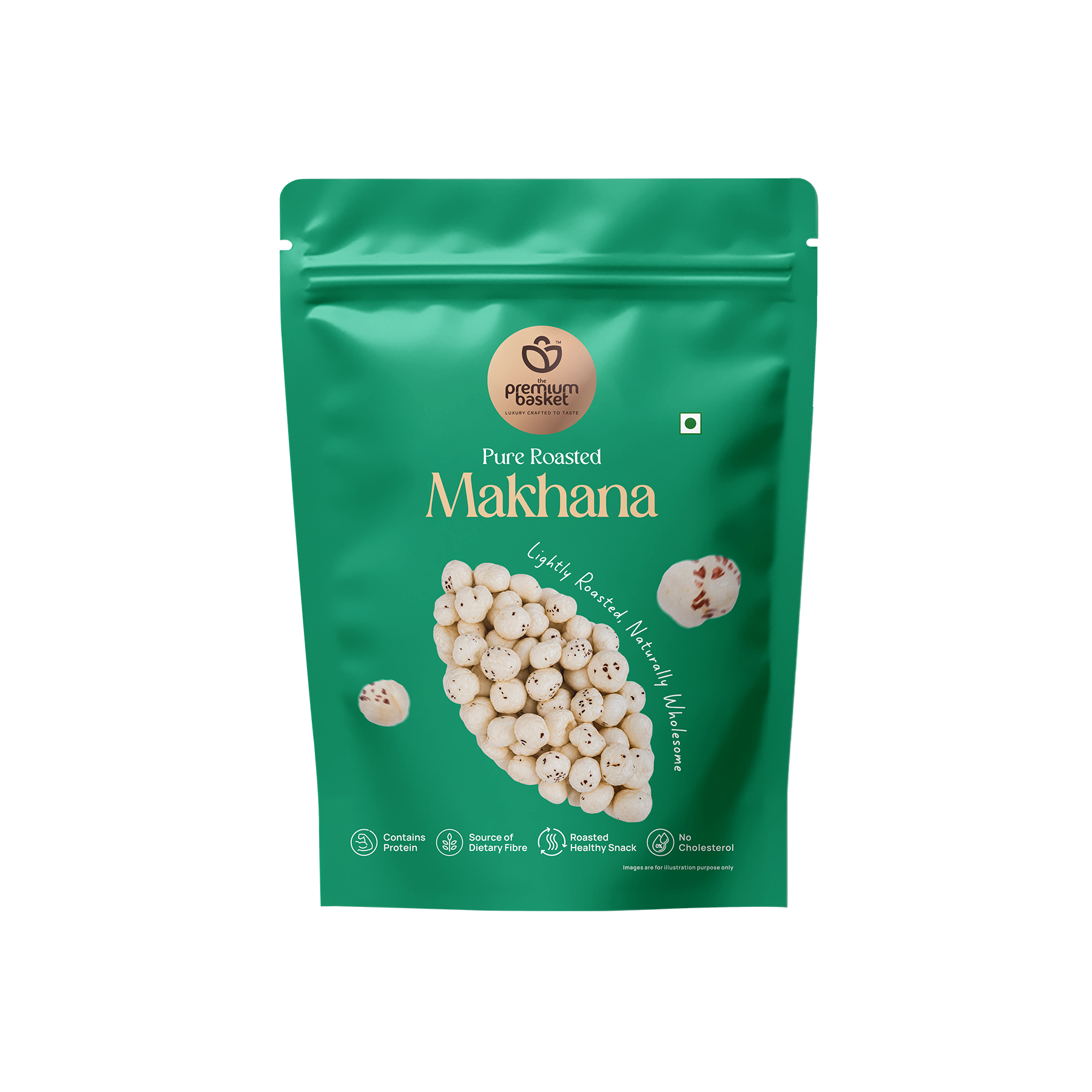 Front view of green pouch labeled pure roasted makhana with white kernels