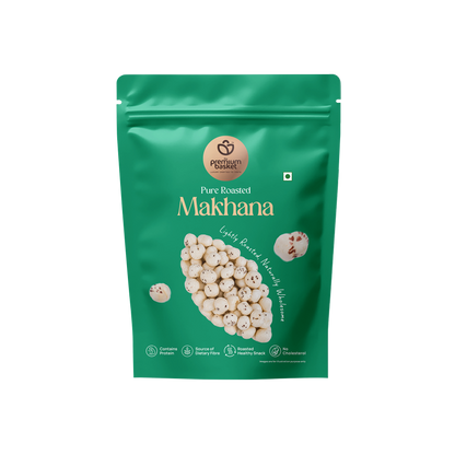 Front view of green pouch labeled pure roasted makhana with white kernels