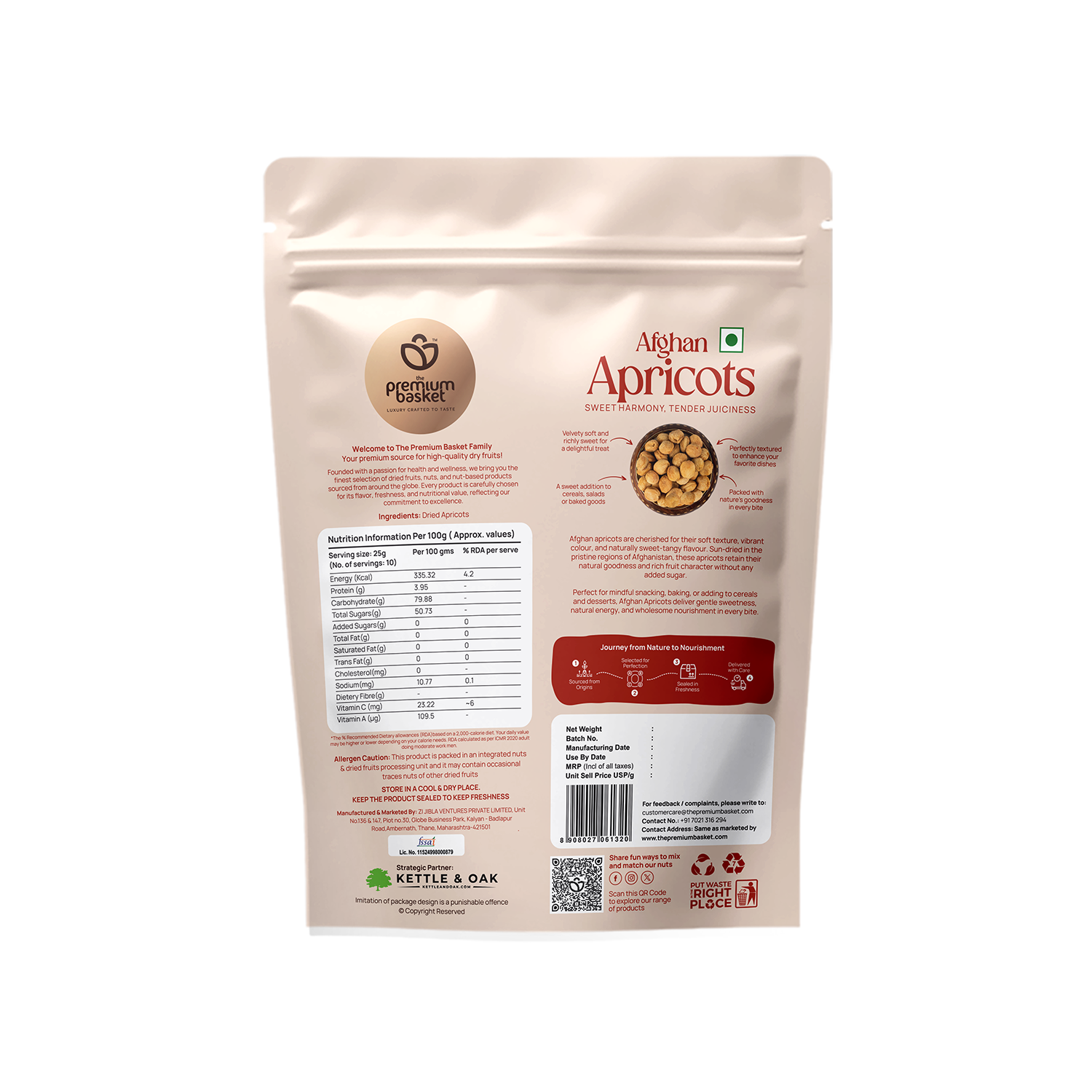 Afghan apricots pouch back view with nutrition panel and barcode