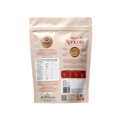 Afghan apricots pouch back view with nutrition panel and barcode