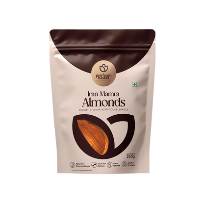 Almonds pouch: Iran Mamra Almonds, white with dark brown top, 250g