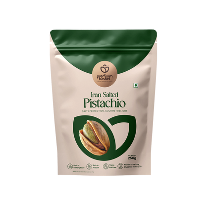 Salted pistachio stand-up pouch, front view, green top and white label