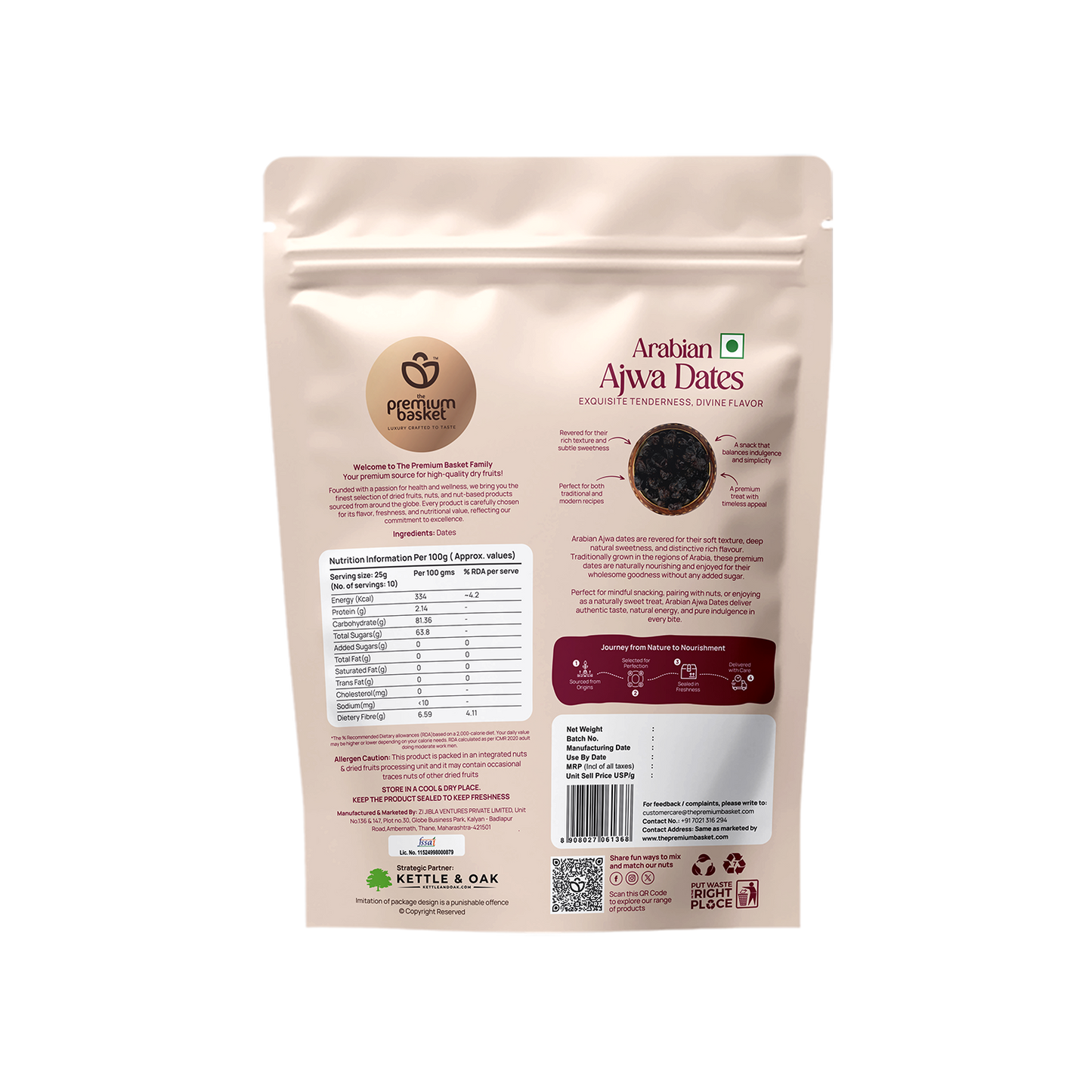Ajwa dates pouch back view with ingredient and nutrition information