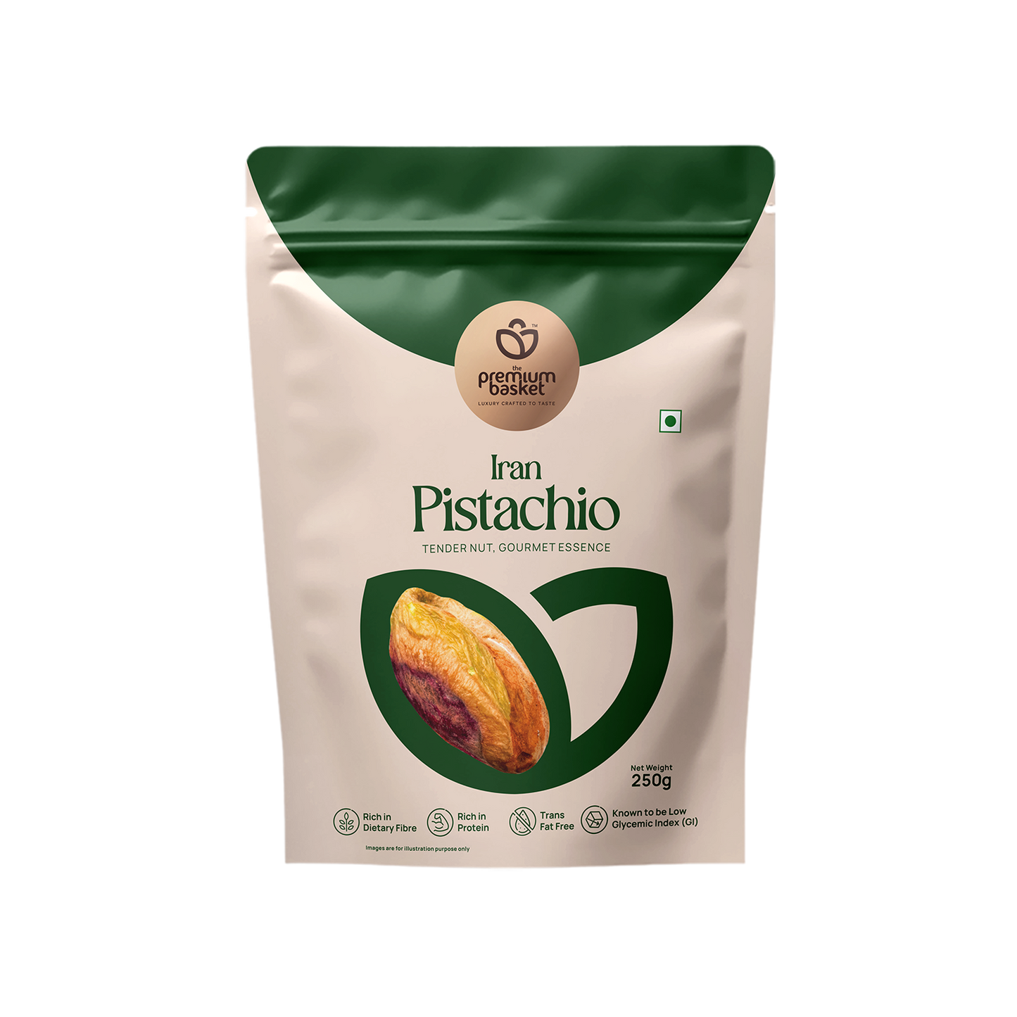 Pistachio kernels bag, green top and white pack with logo, 250g