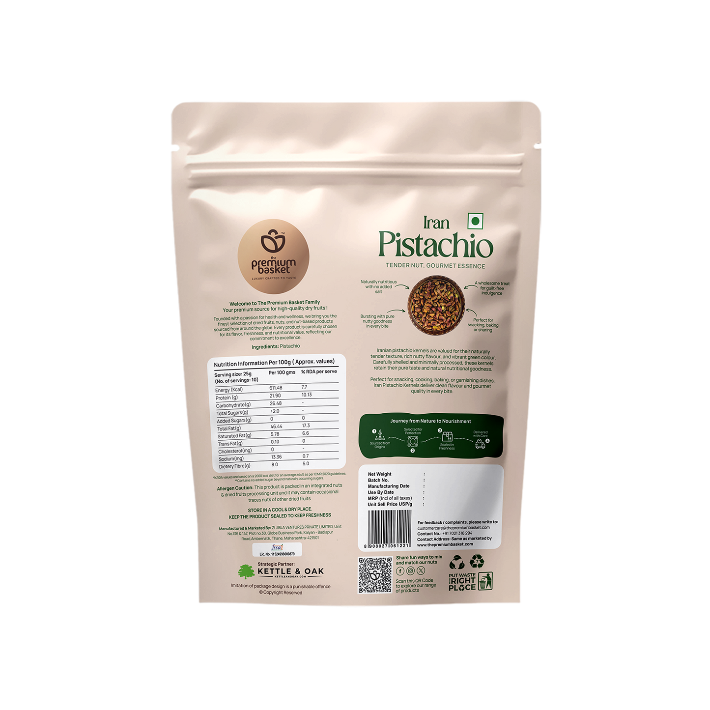 Pistachio kernels bag back label with nutrition and ingredients details, 250g