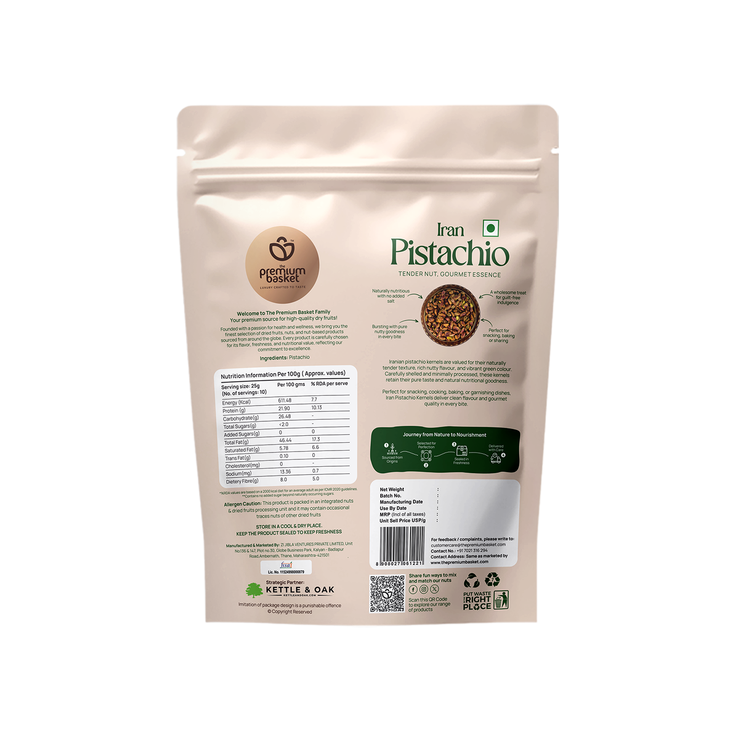 Pistachio kernels bag back label with nutrition and ingredients details, 250g