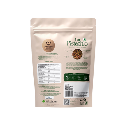Pistachio kernels bag back label with nutrition and ingredients details, 250g
