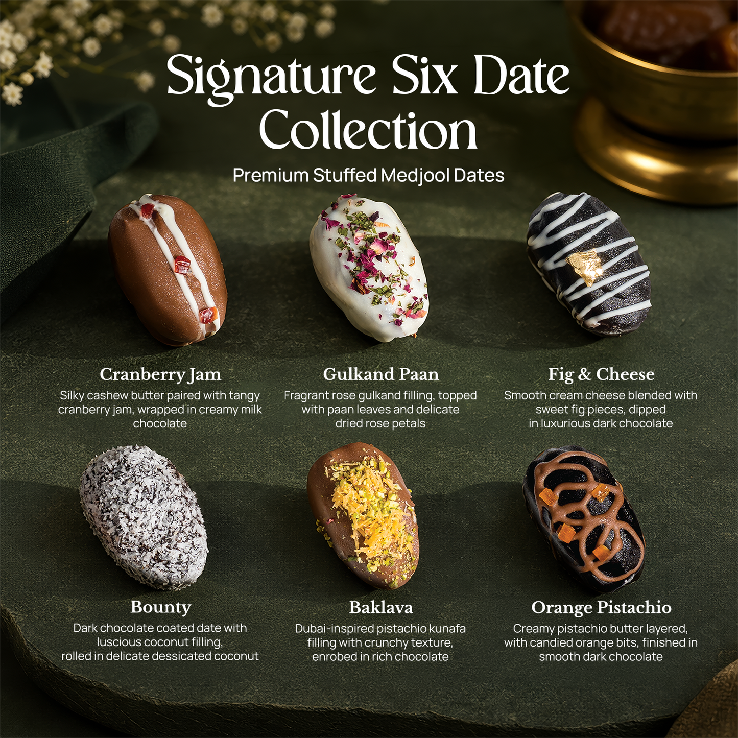 Six assorted stuffed dates with different coatings and toppings arranged together