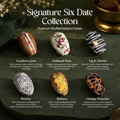 Six assorted stuffed dates with different coatings and toppings arranged together